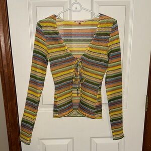 Vibrant Striped Knit Blouse with Tie-Front